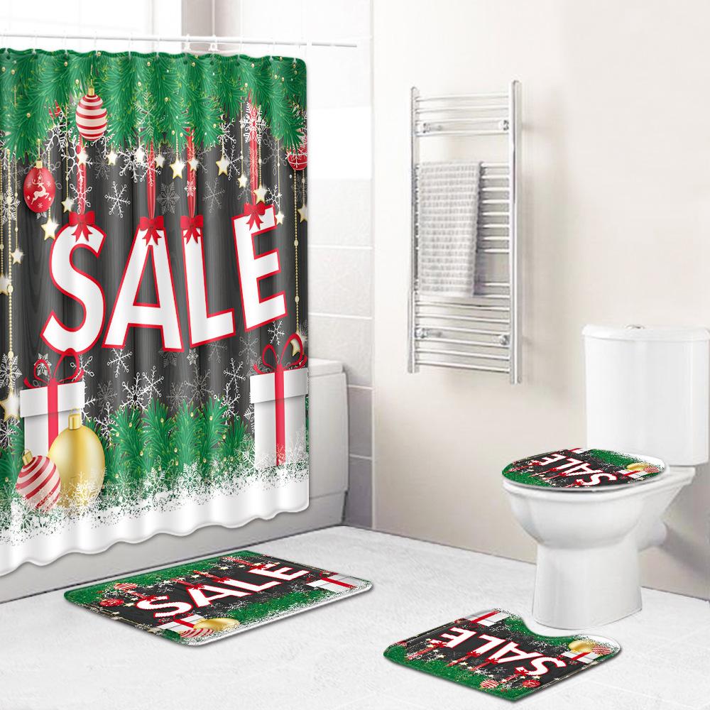 Christmas Shower Curtain Floor Mat Combination Four-Piece Set Bathroom Toilet Carpet Shower Room Mat Foot Mat