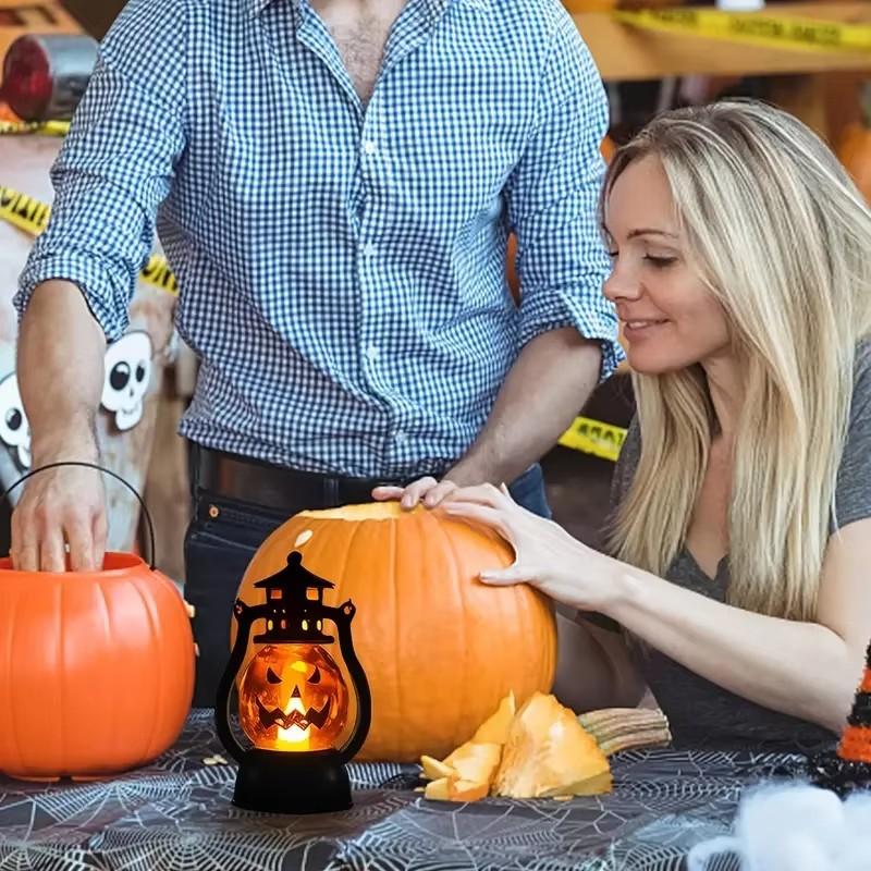 1-10PCS Halloween Ghost Face Pumpkin Lamp LED Ghost Lamp Candle Light Retro Small Oil Lamp Halloween Party Home Horror Props