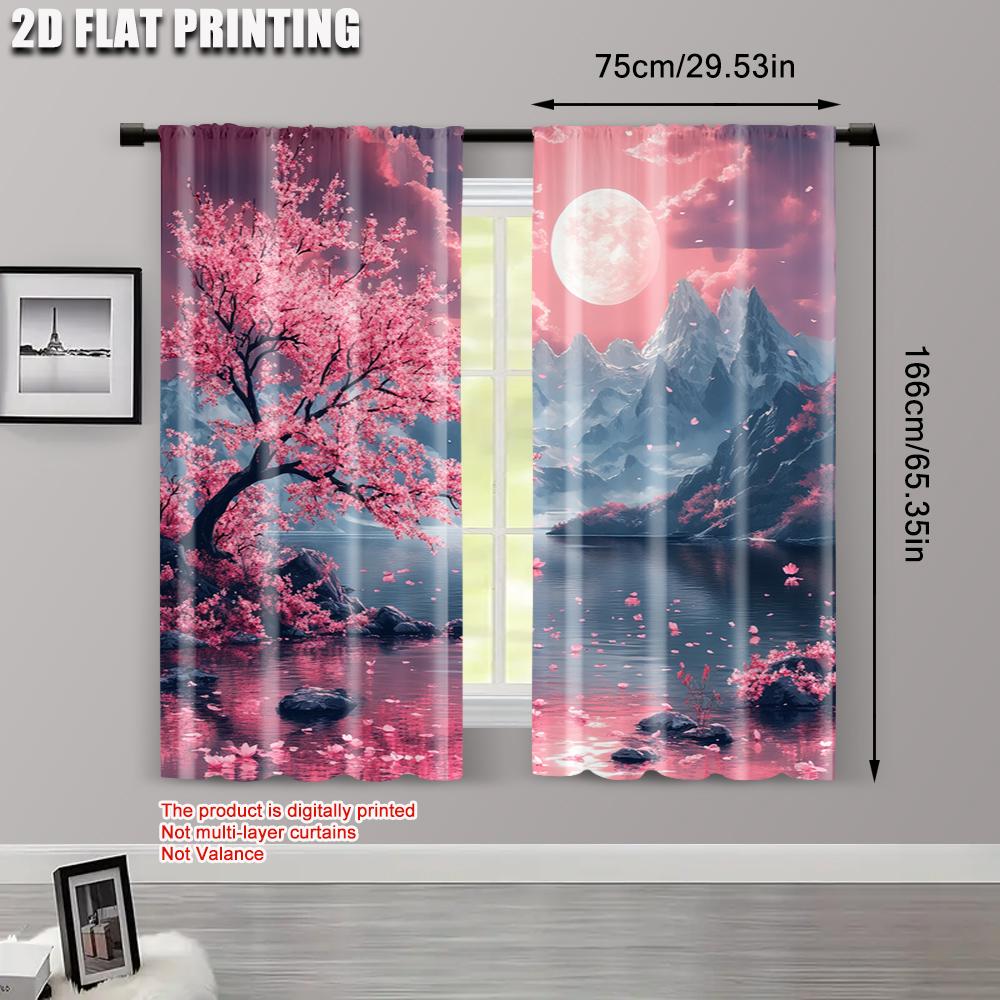 2pcs   Curtain Popular 2D print Cherry Blossom Moon Versatile 100% Polyester (without rod) Stuff Clearance Ldeal for Living Room