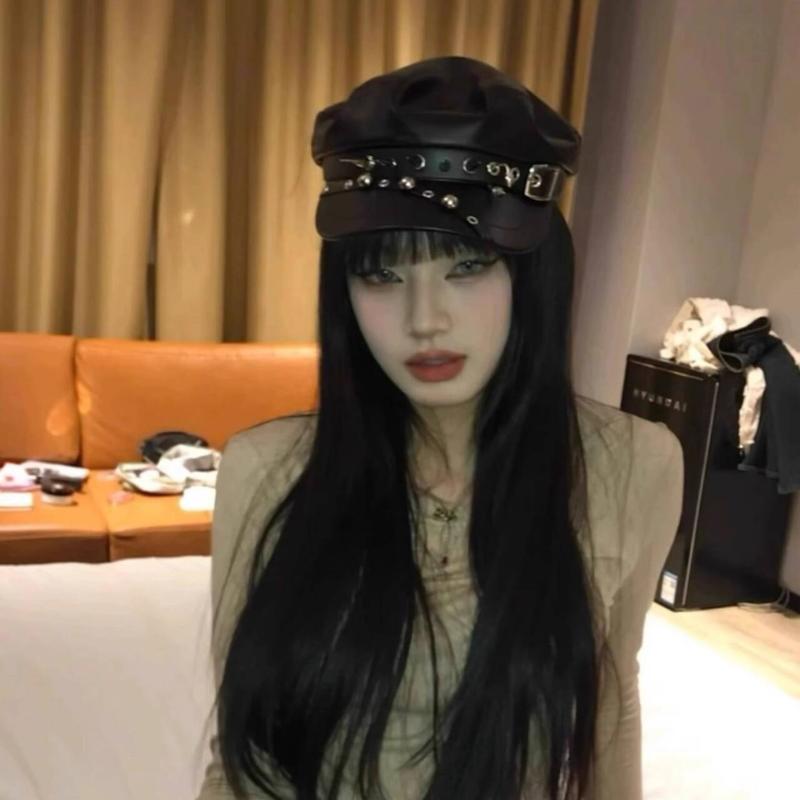 Vintage Rivet Beret Harajuku Y2K Girl Gothic Lolita Black Leather Dark Face Revealing Flat Top Newsboy Caps Sunscreen Beret Cap