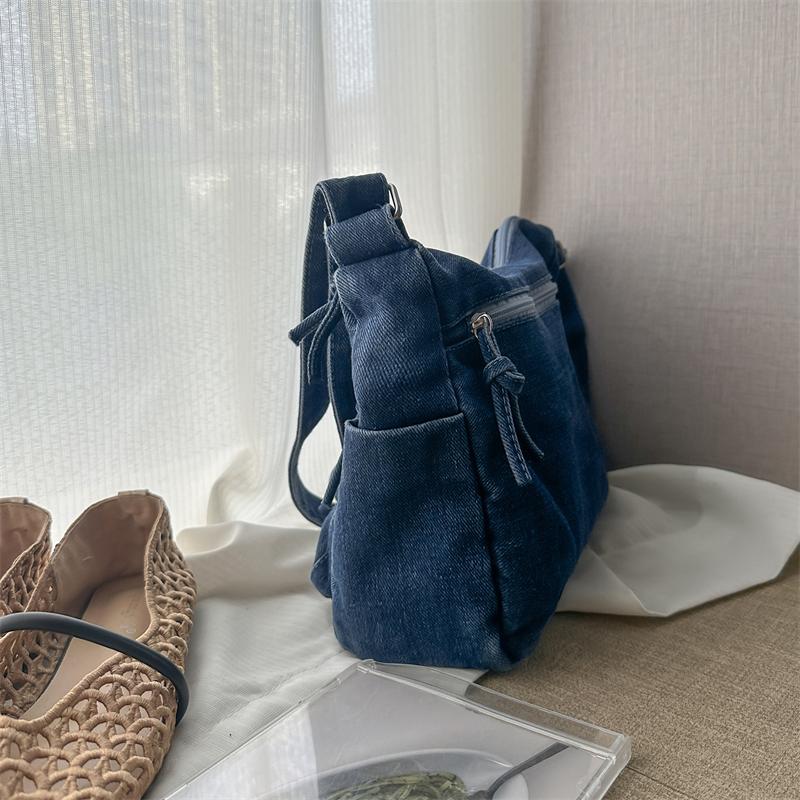 Denim Crossbody Bag Multi Pocket Shoulder Handbag with Adjustable Strap