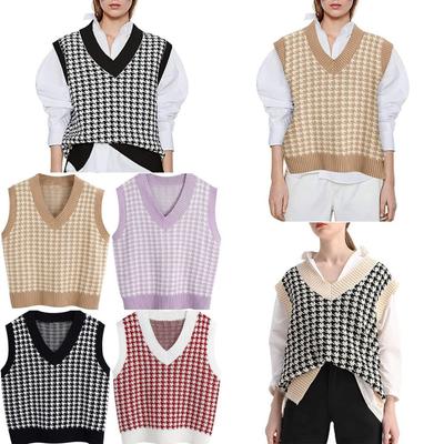 Loose Knitted Vest Sweater Women Sleeveless Thick Vintage Sweater Vest Female Waistcoat Chic Tops  Houndstooth Women Clothing