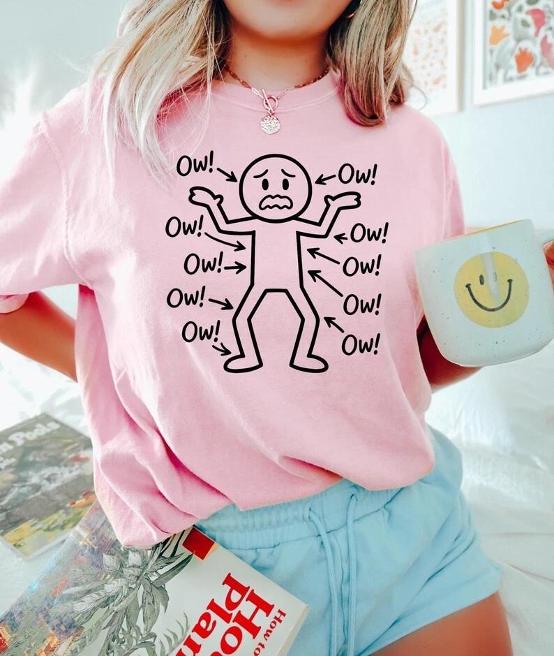 Ow Ow Ow Stick Character Figure Humor Chronic Pain Awareness shirt L