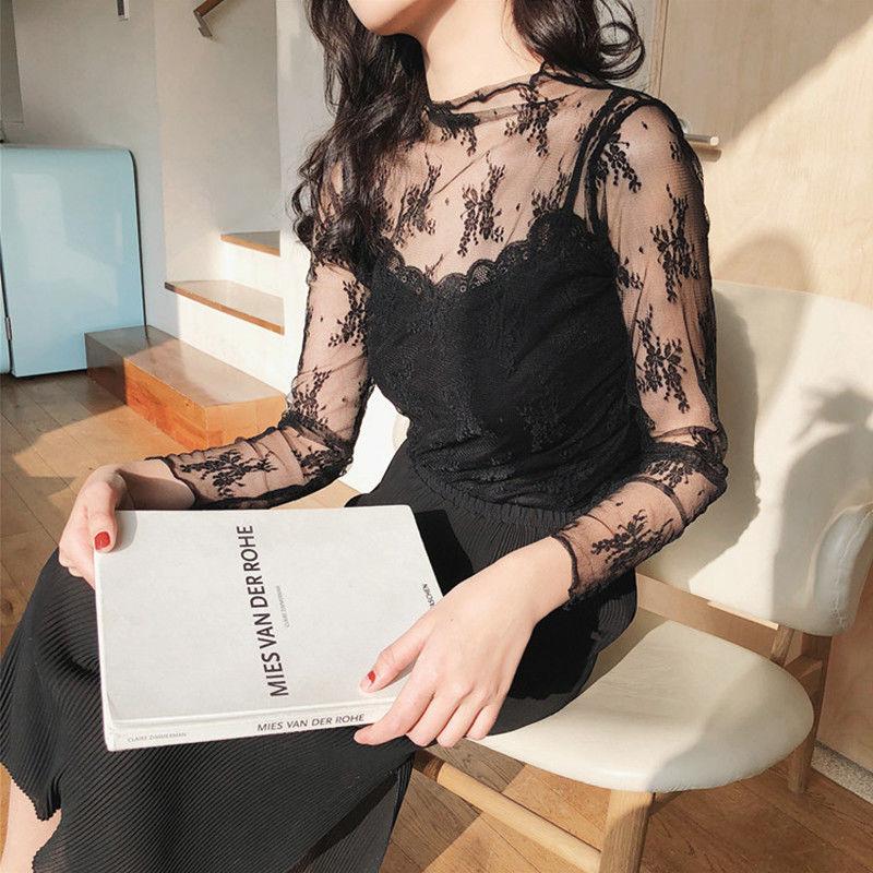 Jarní Ženy Rolák s dlouhým rukávem Krajková košile Sexy halenka Dámská Slim Halenka Dámské košile Topy