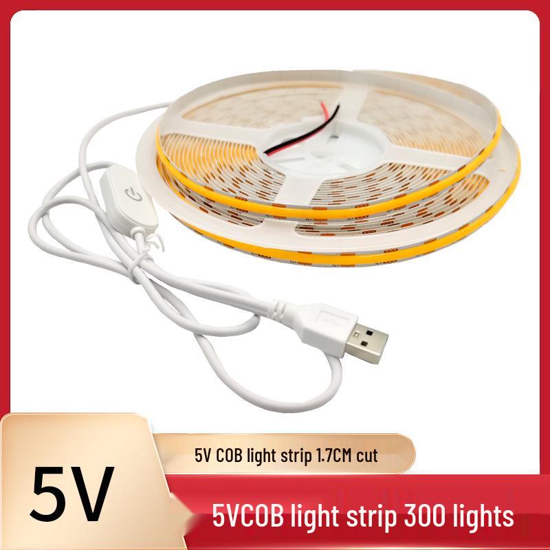 5V COB LED Strip, USB Touch Switch, 300 LEDs, 1.7cm Cuttable, 8MM Self-Adhesive