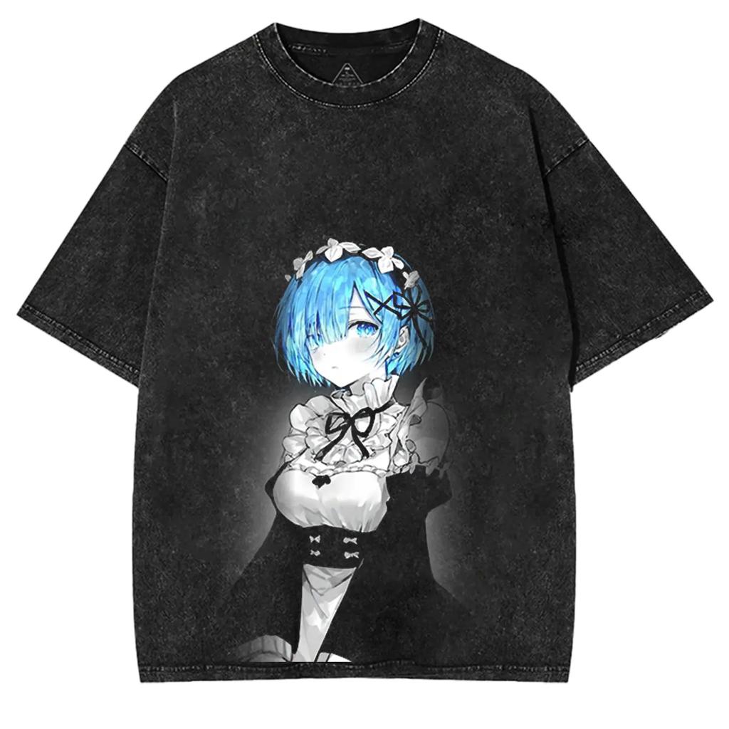 Anime Re:T-shirt ZERO Rem per Abbigliamento Uomo Gotica Y2k Lavata Oversize Estiva Manica Corta Girocollo Poliestere T-shirt Top