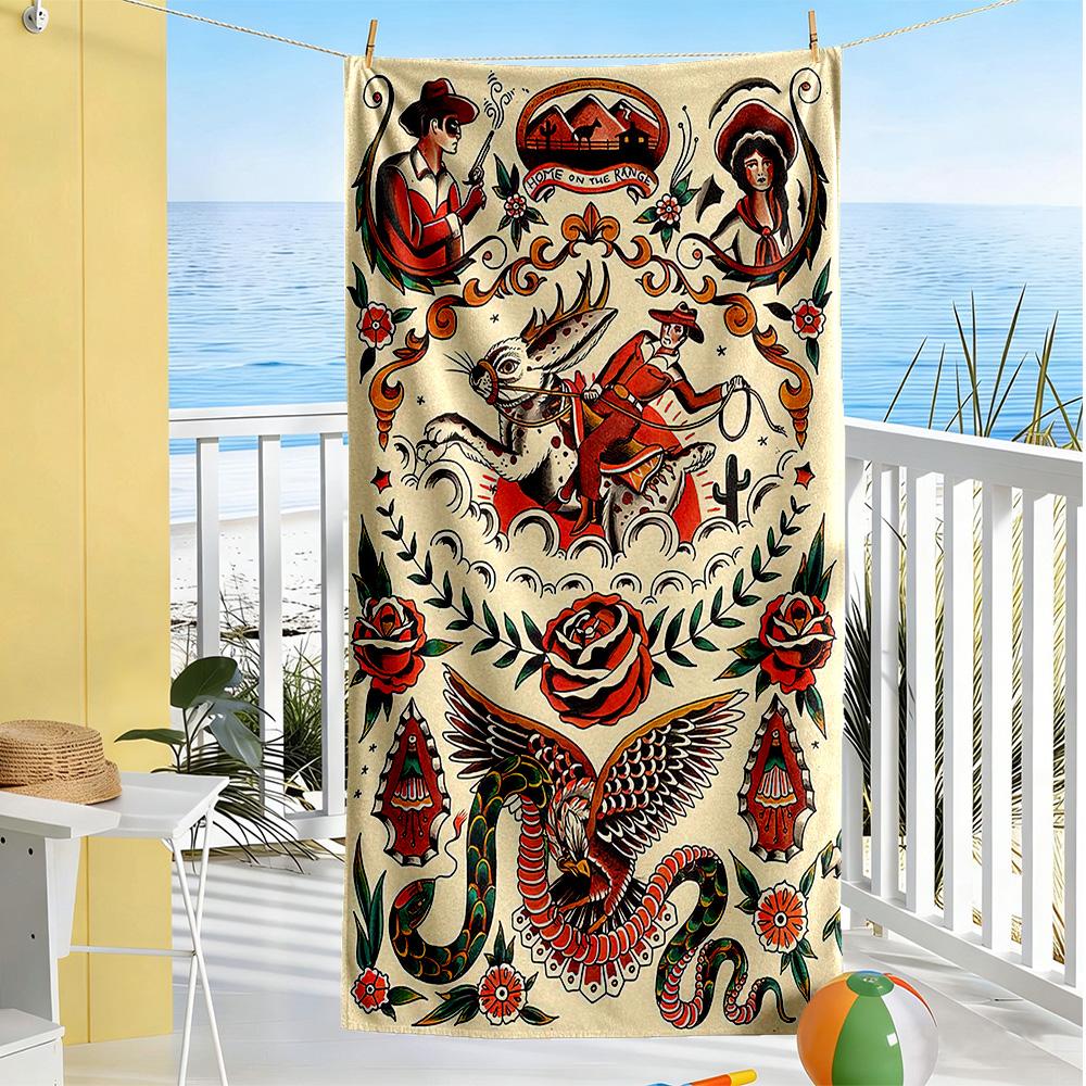Tattoo Style Beach Towel Quick-Dry Soft Microfiber Comfortable Lightweight Suitable for Sports, Travel, Swimming, Yoga, Bathroom, Beach, And Pool
