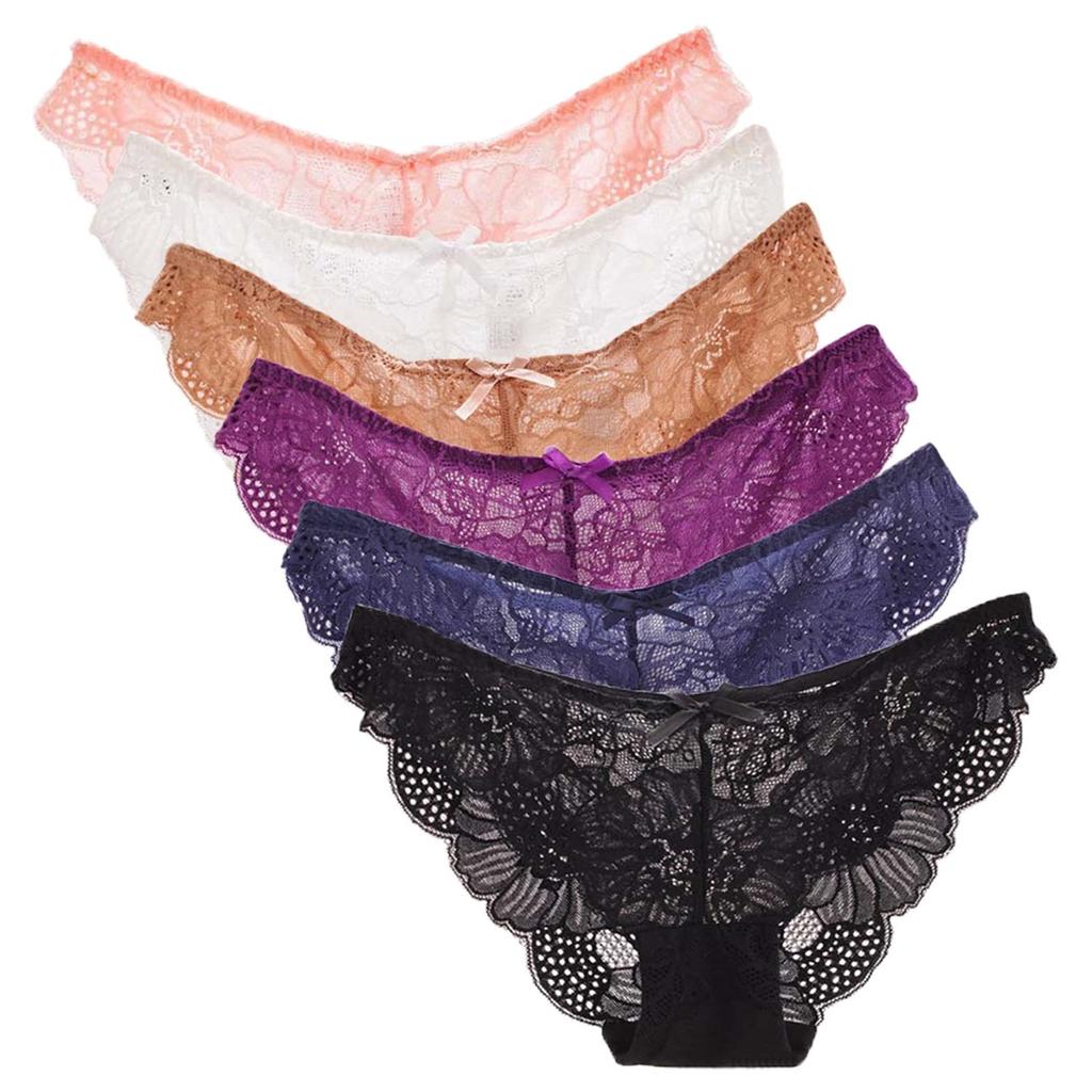 Tonbobo Sheer Lace Floral Print Sexy Regular Beautiful Floral Elongates Enhances Set of 6 Women's Panties, Low-Waist Panties, Non-Slip Underwear,
