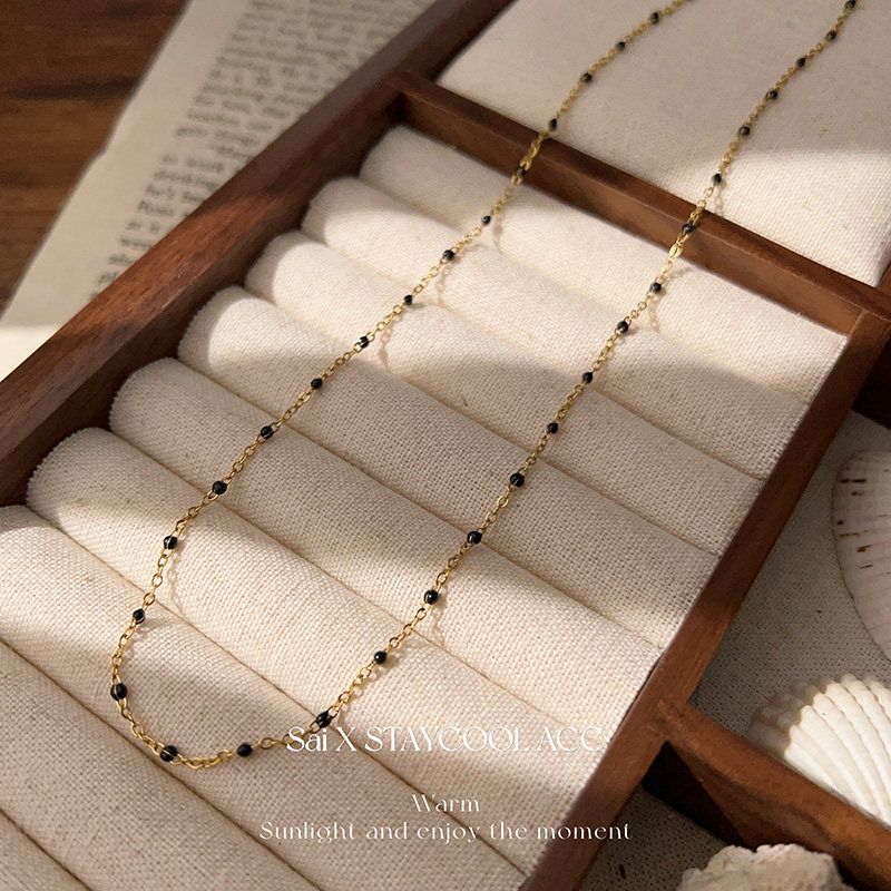 

North Fashion Ins Style Normcore Mini Version Black Dots Necklace Women s Fancy Clavicle Chain Basic Bottom Chain 37+9 Black