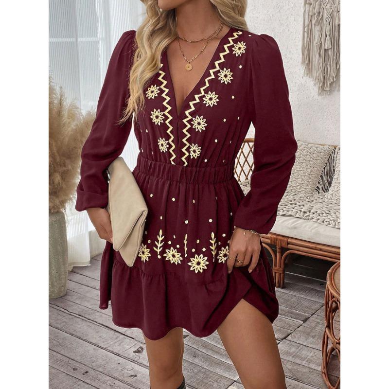 Women Embroidered Long Sleeve Mini Dress V Neck Elastic Waist Boho Style