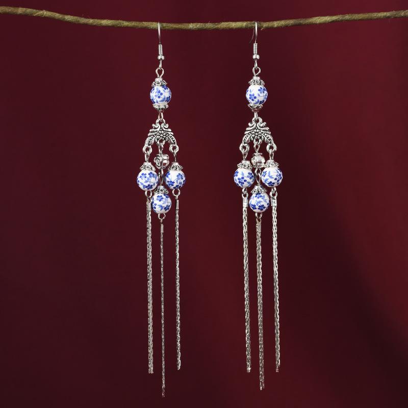 

Керамическая заколка-кисточка ретро сине-белый фарфор ступенчатая заколка головной убор женские антикварные длинные серьги