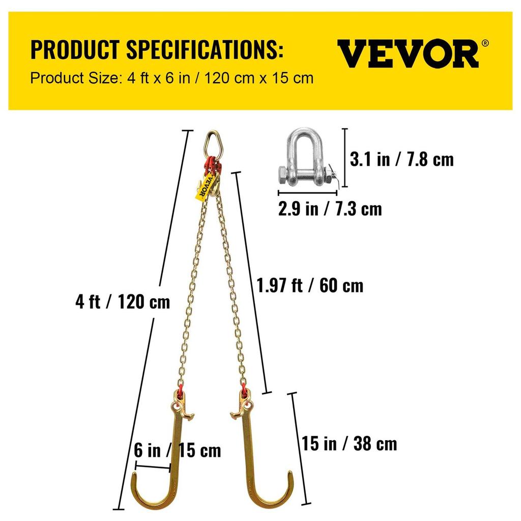 V Bridle Chain, 5/16 in x 2 ft Bridle Tow Chain, Grade 80 V-Bridle Transport Chain, 9260 Lbs Break Strength with TJ Hooks and Crab Hooks, Heavy Duty