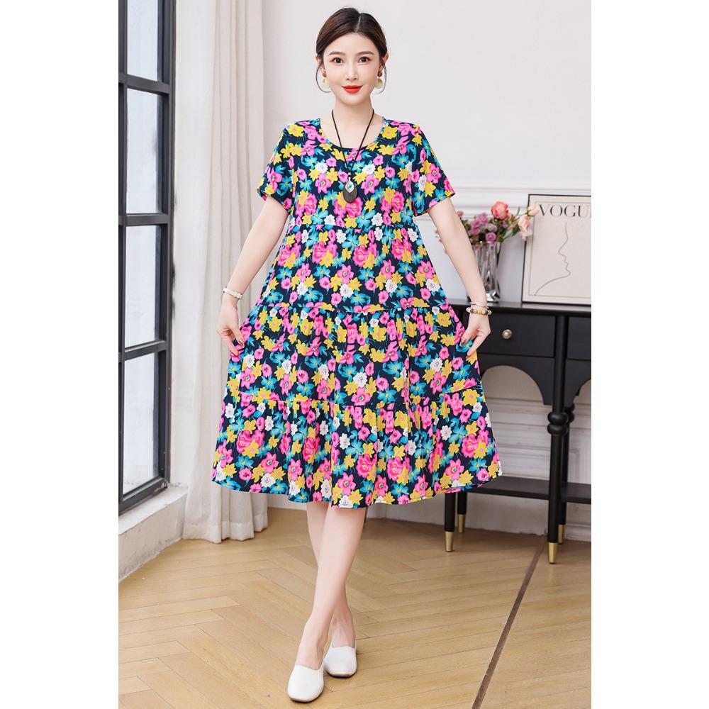 Summer Short-sleeved, Loose and Long Artificial Cotton Dress for Middle-aged and Elderly Women