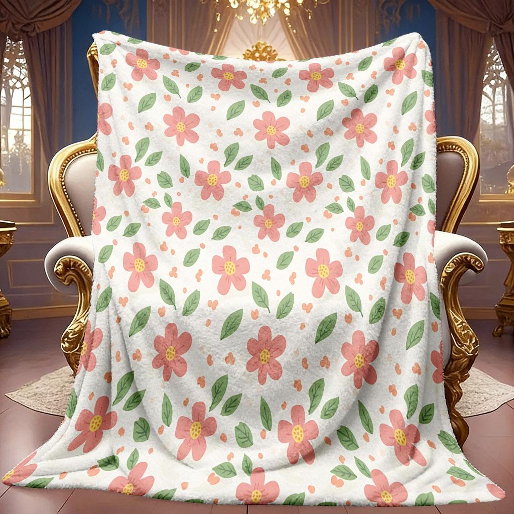 1pc 2D Pink Floral Green Leaf Pattern Flannel Blanket, Soft HD Digital Print Cooling Blanket All-Season Use! Soft And Breathable 100% Polyester Fiber,