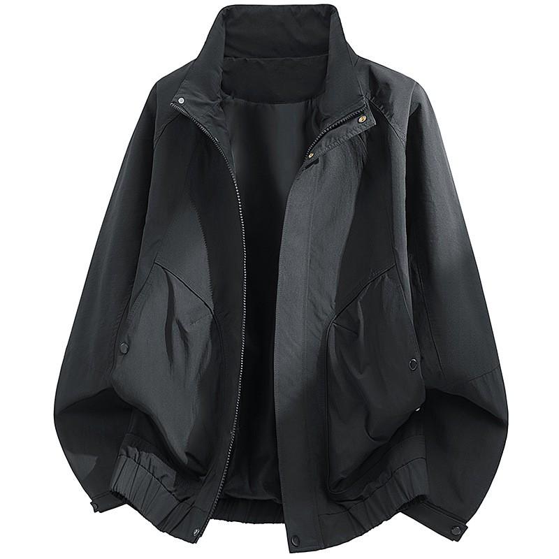 Mens Solid Color Stand Collar Jacket Casual Sporty Workwear Windproof Outerwear Loose Fit Fall