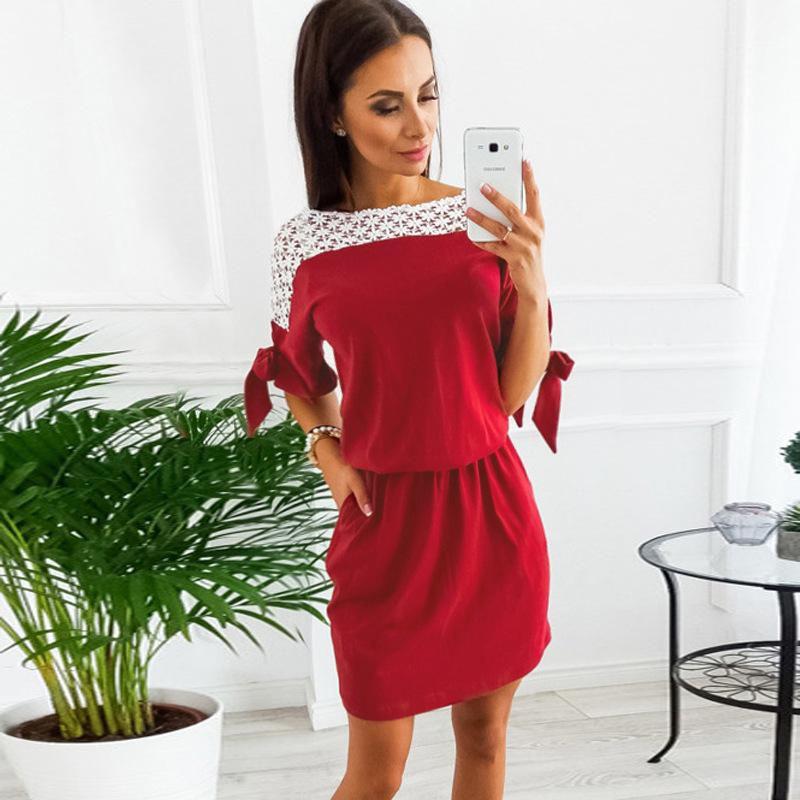 Elegant Women Vintage Dress Lace O-neck With Patchwork Hollow Out Short Sleeves