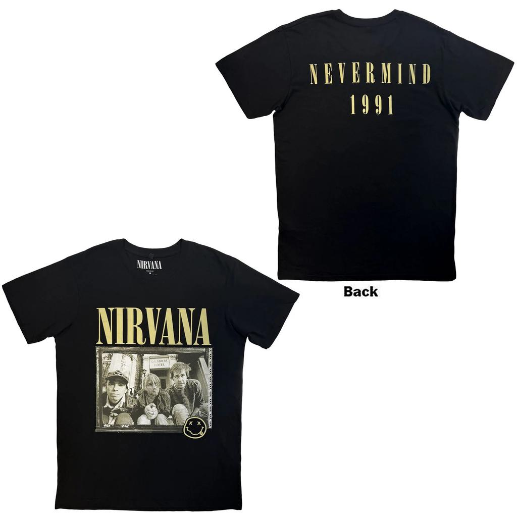 Nirvana Carbon TShirt Nevermind 91 Hotel Photo Black Back Print OFFICIAL