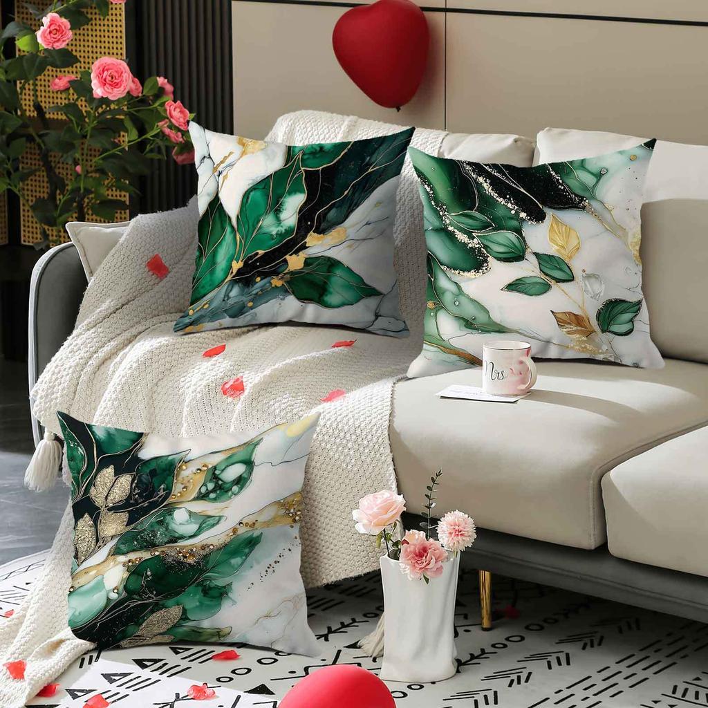 Green Gold Leaf And Branch Pattern Printing Pillow Cover Short Plush Suitable Living Rooms Bedrooms Sofas Throw Cushion Cover