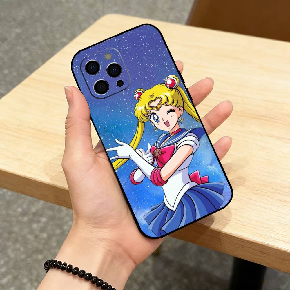 CUTE Cartoon S-Sailor M-Moons Phone Case For iPhone 17,16,15,14,13,12,11 Plus,Pro Max,XS,Soft Silicone Black Cover