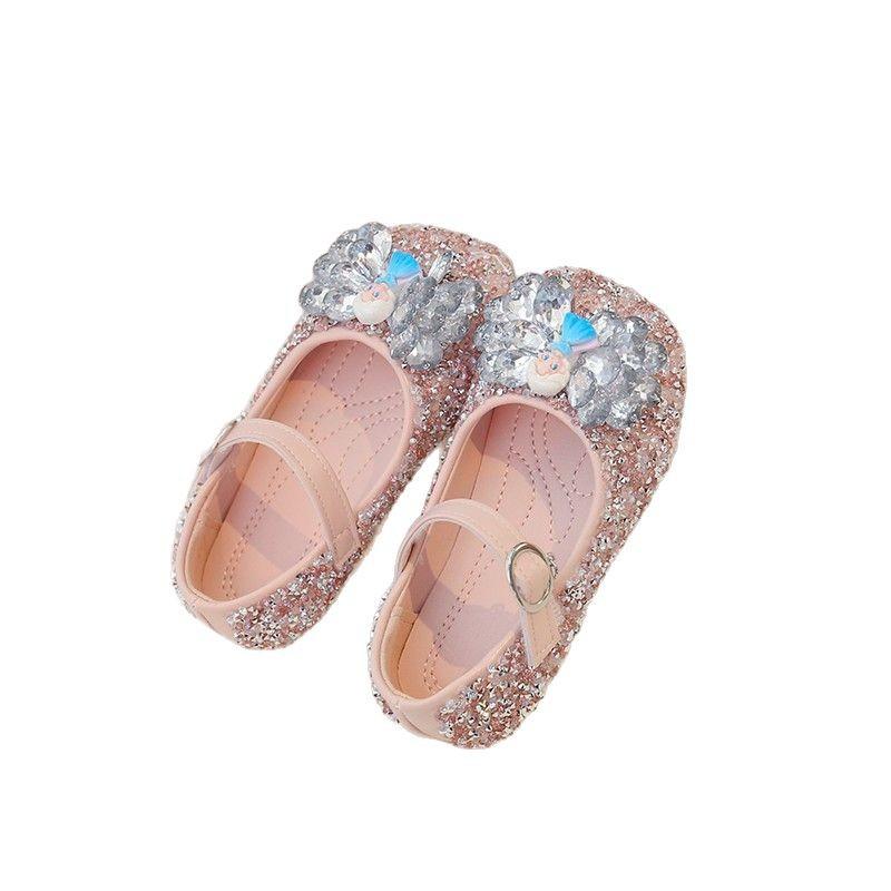 Girls' Elsa Crystal Princess Shoes Spring New Bowknot Children's Baby Leather Shoes Soft Sole Rhinestone Single Shoes