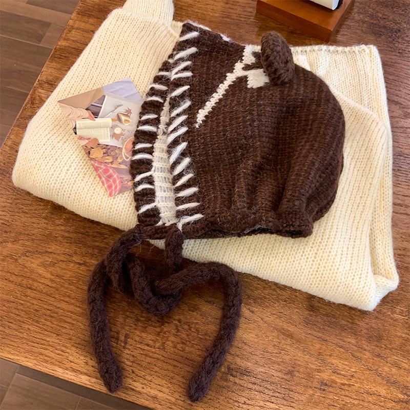 

New cute bear ear knitted hat children s Korean version versatile thickened warm ear protective wool hat One size fits all (55-59cm)