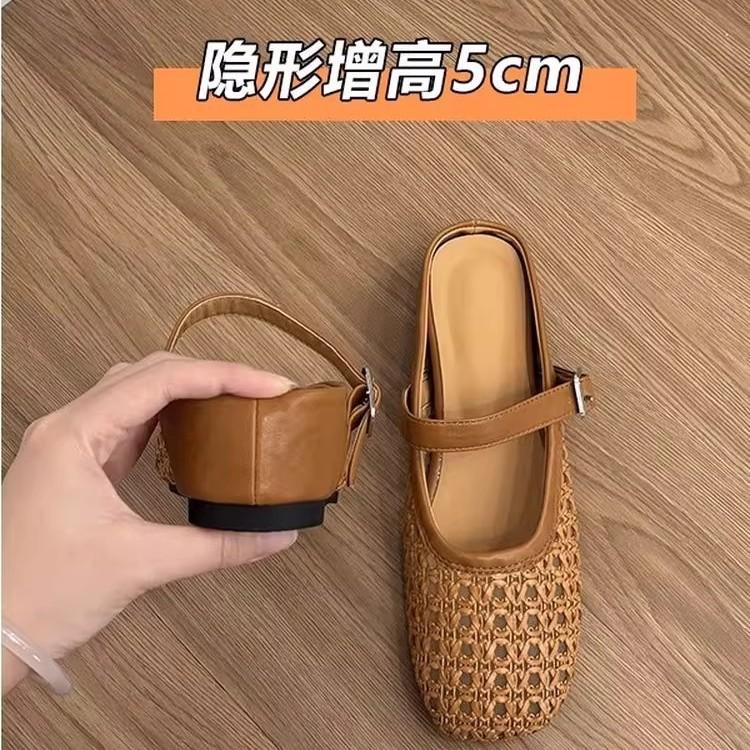 Retro hollow woven inner heightening bag head slippers women's 2025 new holiday style square head one-word buckle half slippers