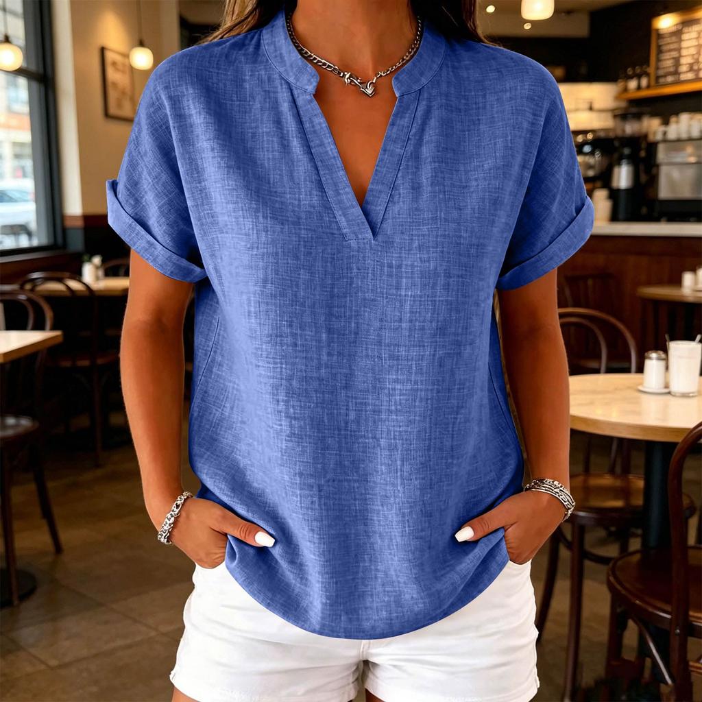 Women's Casual Linen Blend V-Neck Blouse, Short Sleeve Rolled Cuff Loose Fit Tunic Top, Summer Stand Collar Shirt
