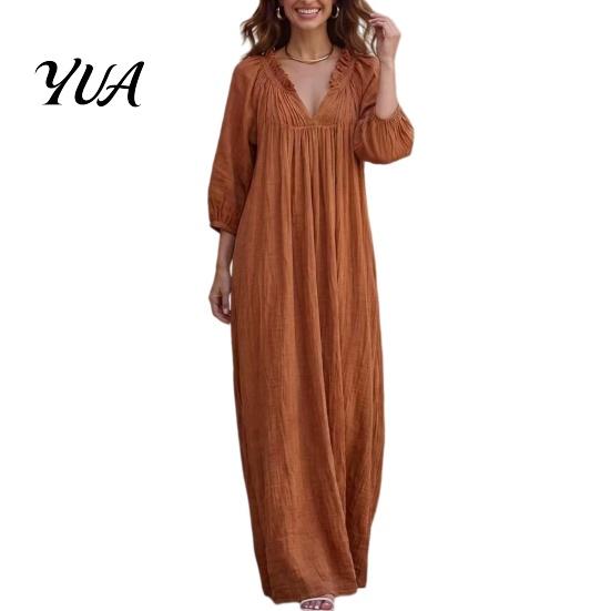 Spring Autumn Dresses Bohemian Ruffle V-Neck Long Dress, 3/4 Sleeves Maxi Dress for Comfortable Women Women, Solid Color Casual Loose Fall