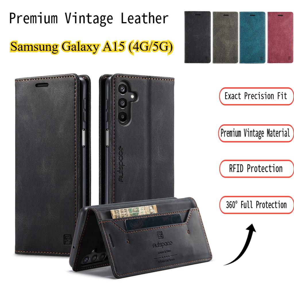 Premium Vintage Leather Wallet Case for Samsung Galaxy A15 4G/5G - RFID Protection Flip Cover with Card Slots, Shockproof Retro Style (4 Colors)