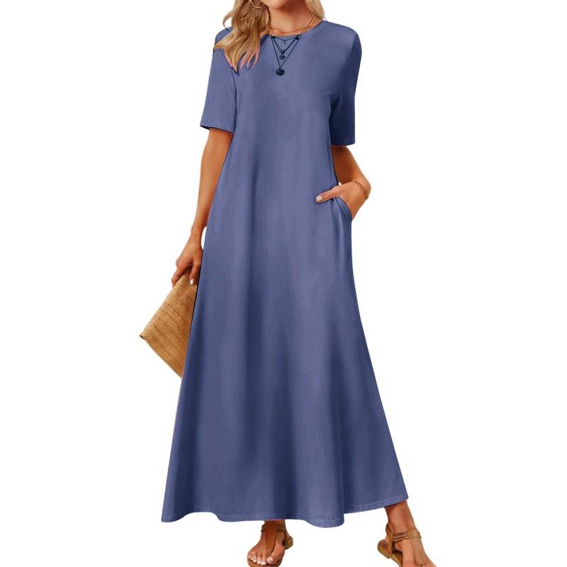 New Cross-border Women's Dress Pure Color Round Collar Pocket Short-sleeve