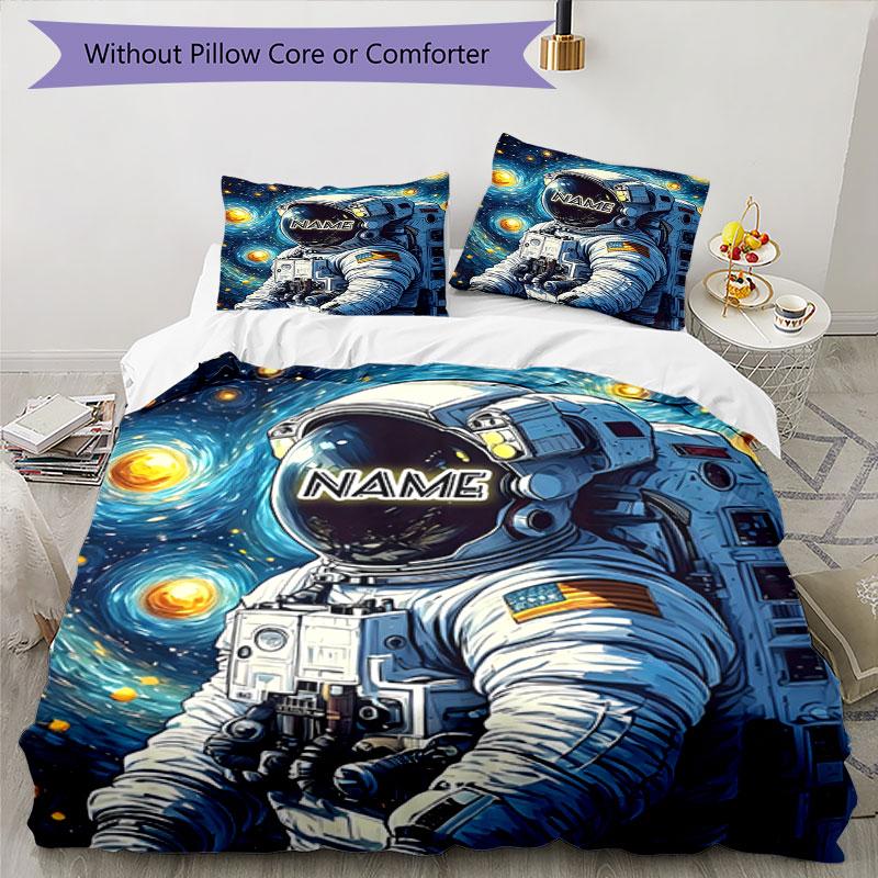 3PC Custom Name Astronaut Space Bedding Set Duvet Cover Closure Includes 1 Duvet Cover & 2 Pillowcases for Bedroom
