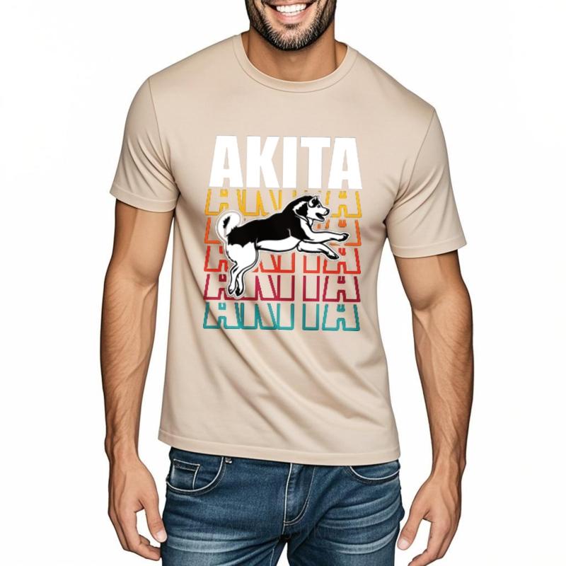 Unisex Tshirt Breathable For Men Crew Neck Tshirt Black Akita Dog Graphic With Colorful Text Layers Hiphop For Man Top Tees