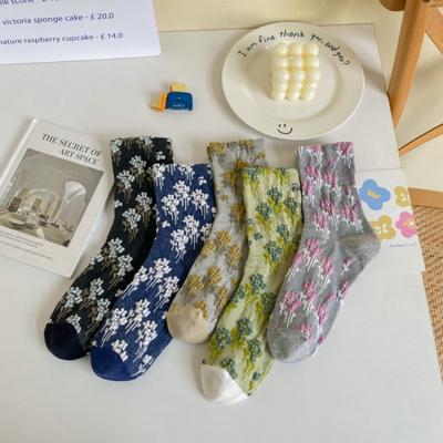 Autumn Socks for Women, Retro Embossed Floral Mid-calf Socks, Personalized Ethnic Trend Socks, Long Socks, Cotton