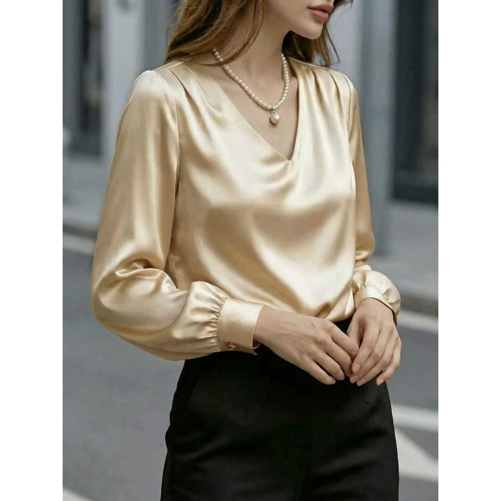 New Women's French Elegant Puff Sleeve V-neck Satin Long Sleeve Blouse