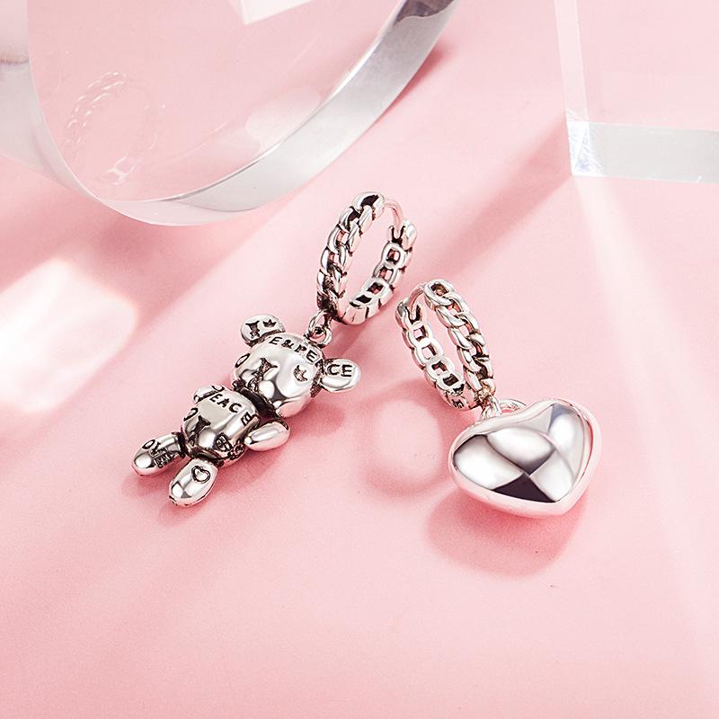 Retro Korean Asymmetrical Bear & Heart Letter Earrings - Women's Unique Creative Ear Hoops & Cuffs