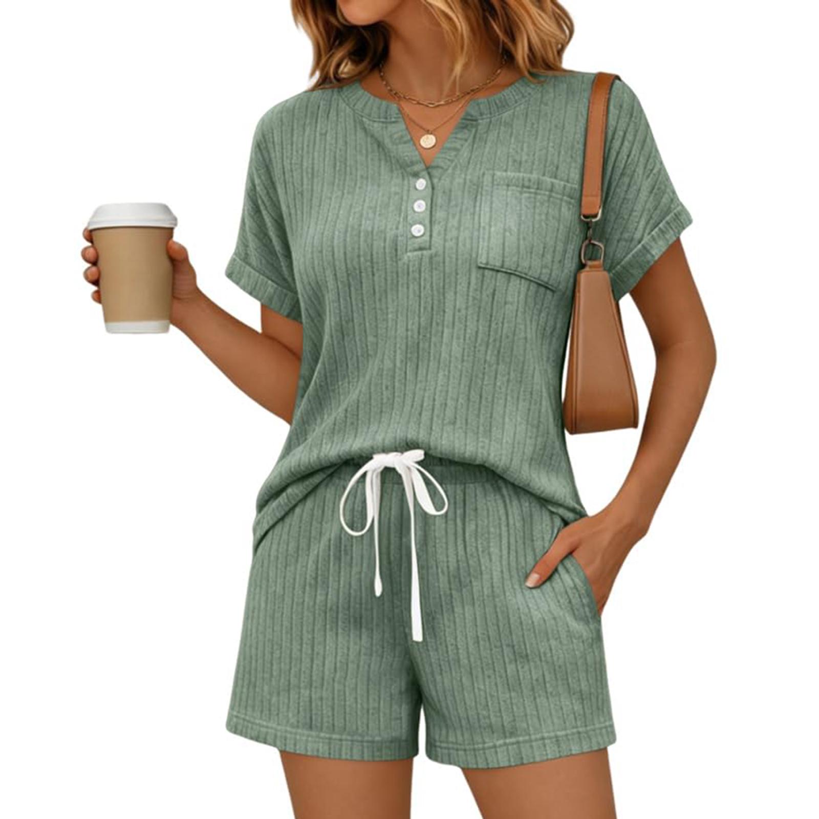 

Women s Summer Fashion Casual -Color V-Neck Button-Down Short-Sleeve Top And Drawstring Pocket Shorts Two-Piece Set XL