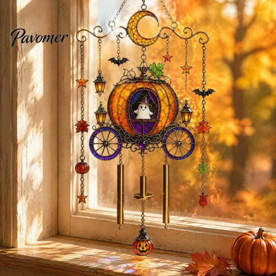 Unique Halloween Gifts for Friends Stained Glass Style Wind Chime, Acrylic Suncatcher Hanging Ornament with Ghost Black Cat Artistic Window