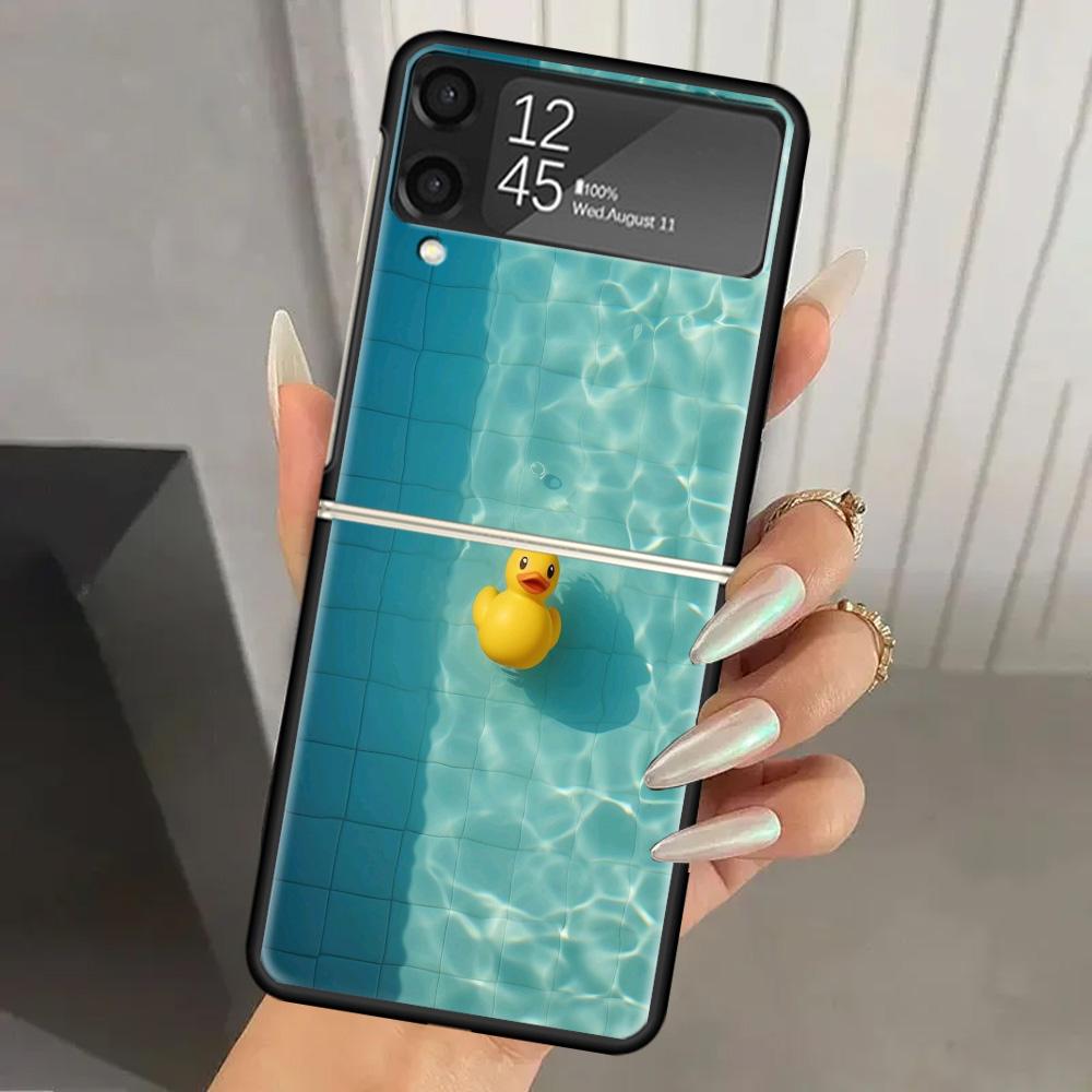 Rubber Ducks Swimming Pool Hard PC Phone Case For Samsung Galaxy Z Flip 7 6 5 4 3 Black ZFlip7 ZFlip6 Flip5 Flip4 Flip3 5G Print