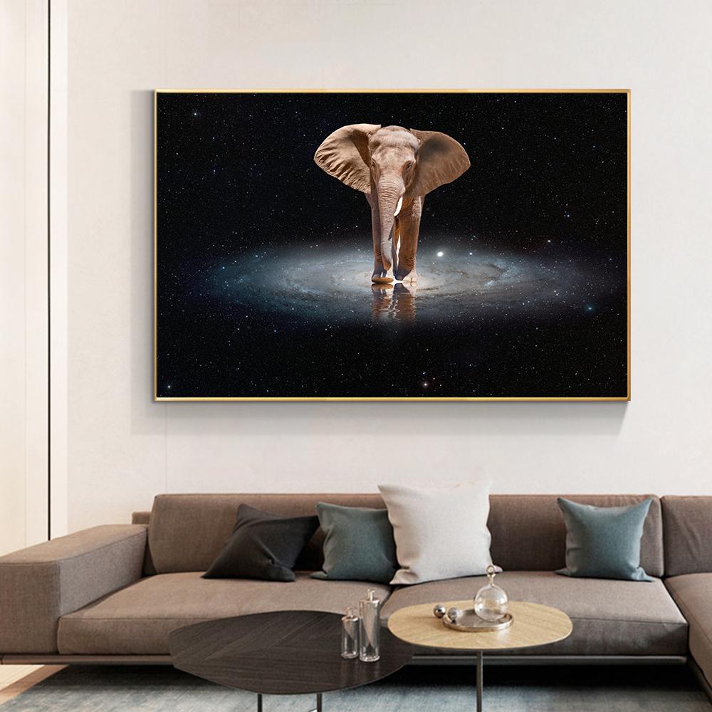 Andromeda Galaxy Photo Modern Wall Art Canvas Print Poster Whimsical Elephant Animal Picture for Living Room Home Decor Cuadros
