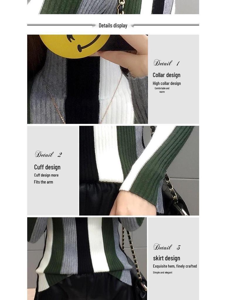 Women's Striped Color Block Slim Fit Knitted Sweater - Half High Neck, Short, New for 2025 Autumn/Winter