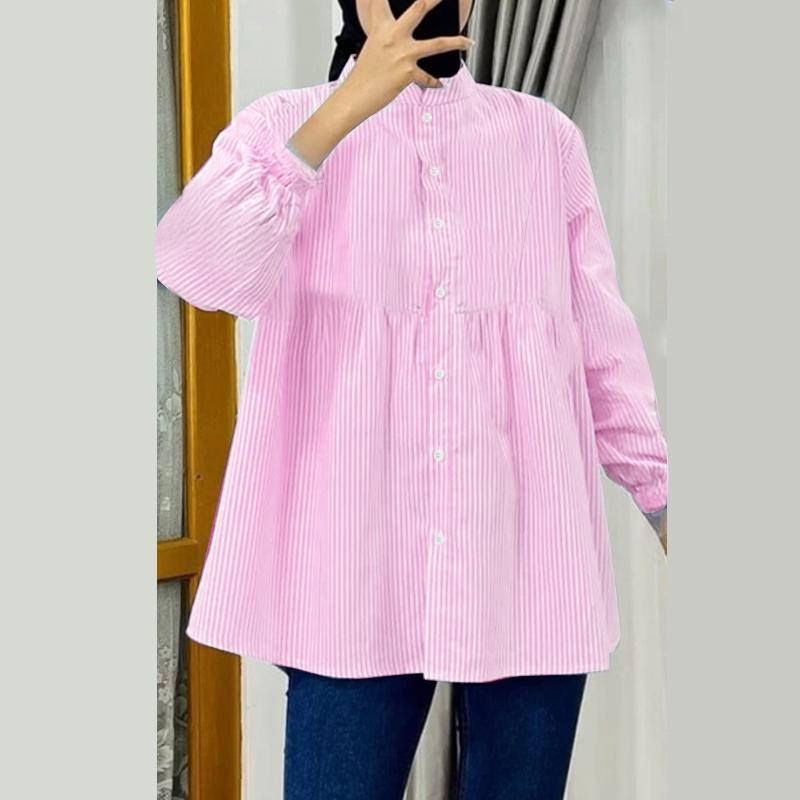 

ZANZEA Женская повседневная блузка с воротником-стойкой и длинными рукавами в полоску M розовый