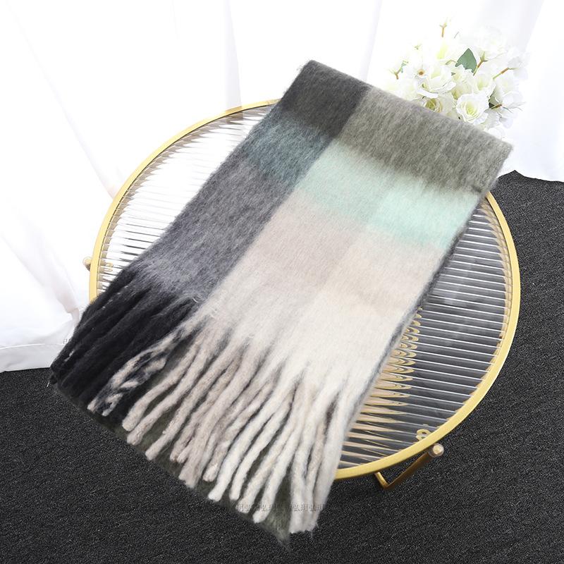 Men's and Women's Autumn and Winter Scarf Fashionable Warm Rainbow Plaid Shawl Tassel Thickened Mohair Scarf