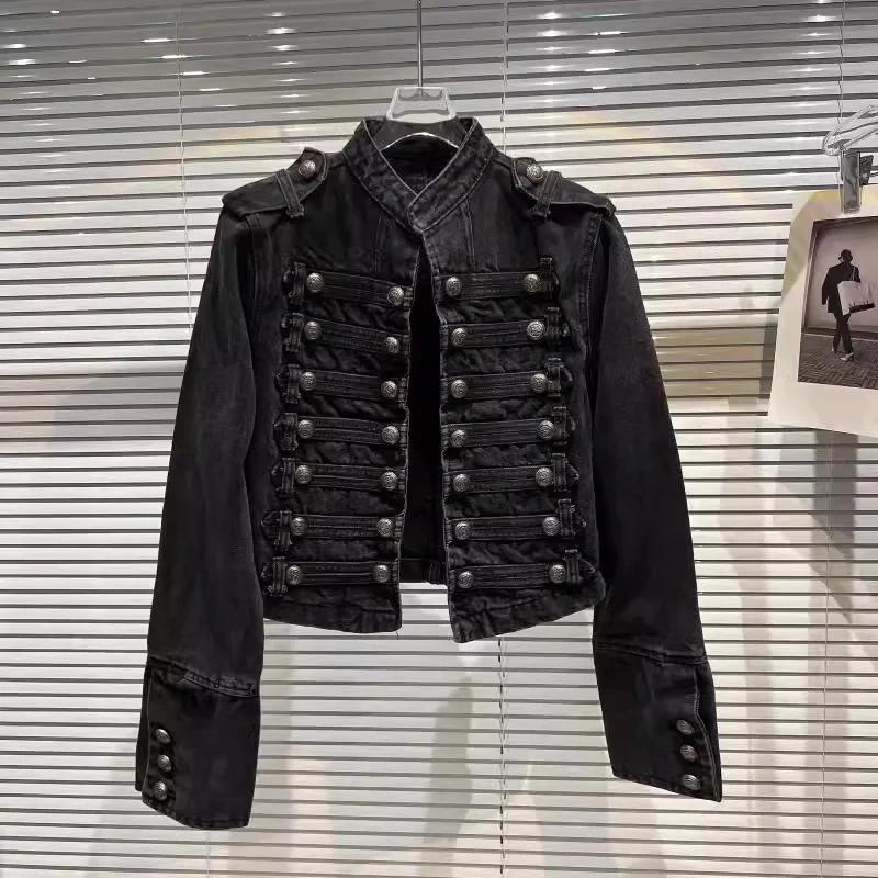 GlowGirl Wiosna Jesień Vintage Niebieska Dopasowana Krótka Jeansowa Kurtka Damska Stójka Wieloprzypinany Design Długi Rękaw Jeansowa Kurtka Streetwear