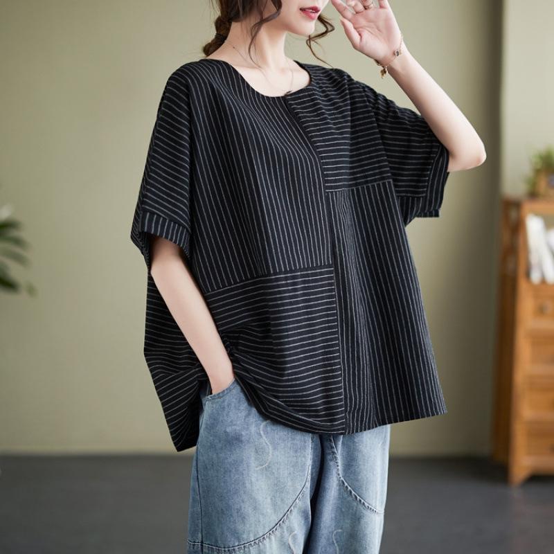 

Summer Retro Stripe Patchwork Short Sleeve Plus Size Slimming Casual T-Shirt One Size