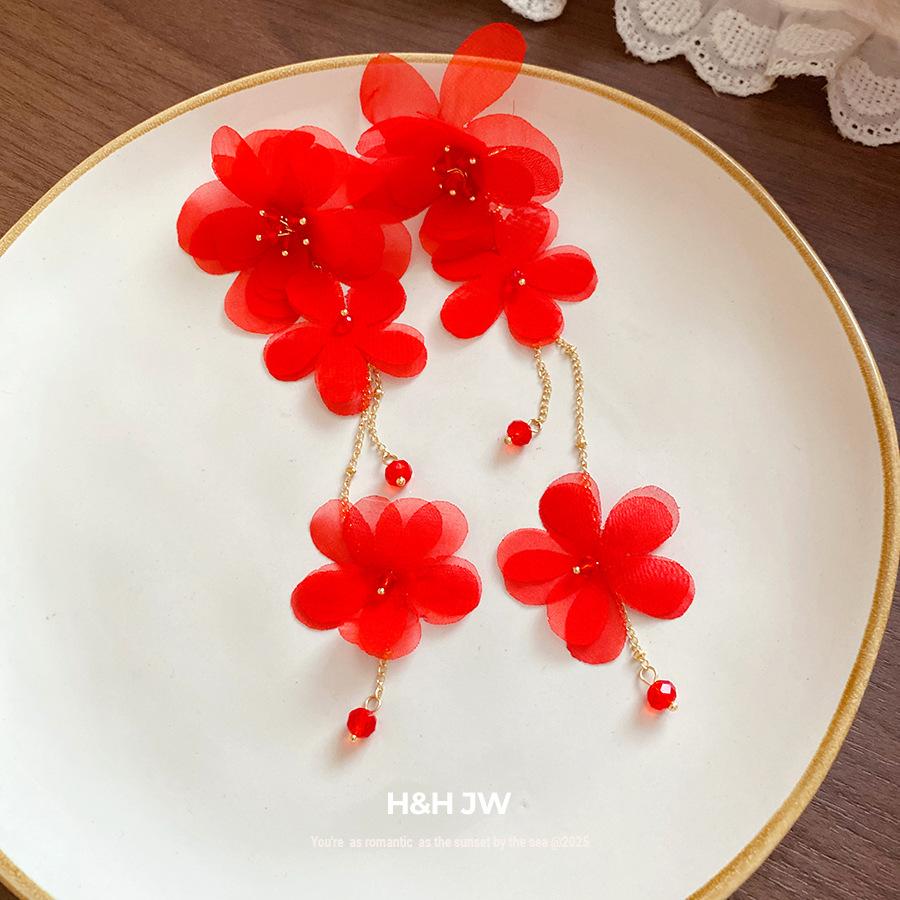 Steel needle glass bead fabric chiffon flower fringed earrings fresh and sweet temperament earrings niche high-end earrings women