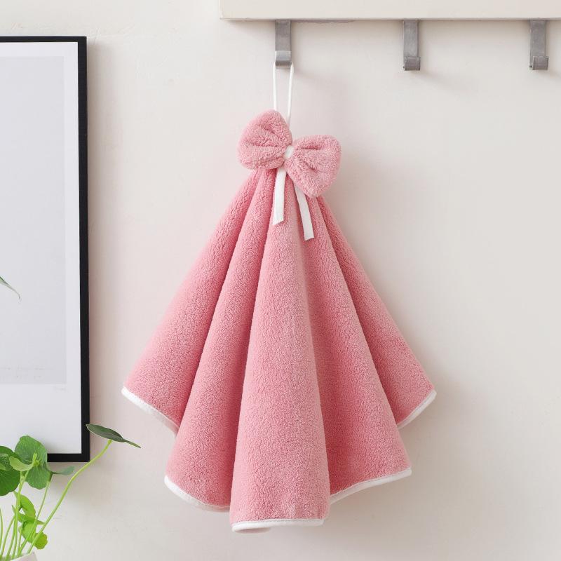 Towel does not shed hair, absorbent hand towel hanging kitchen rag bow thickened coral fleece handkerchief