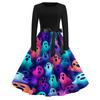 Women's Casual Halloween Print Long Sleeve Round Neck Vintage Style Dress with Waist Tie Belt Comfortable Fit