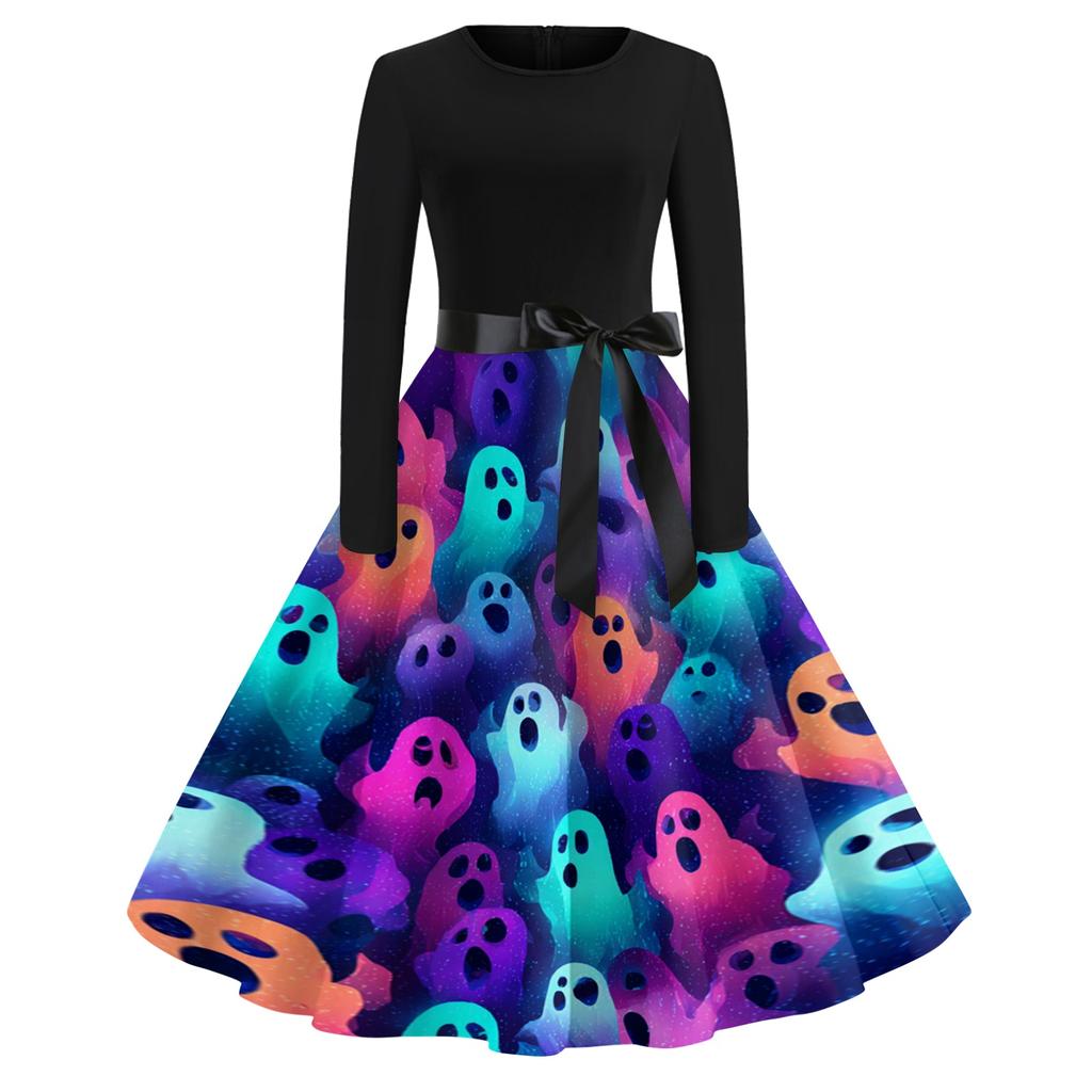 Women's Casual Halloween Print Long Sleeve Round Neck Vintage Style Dress with Waist Tie Belt Comfortable Fit