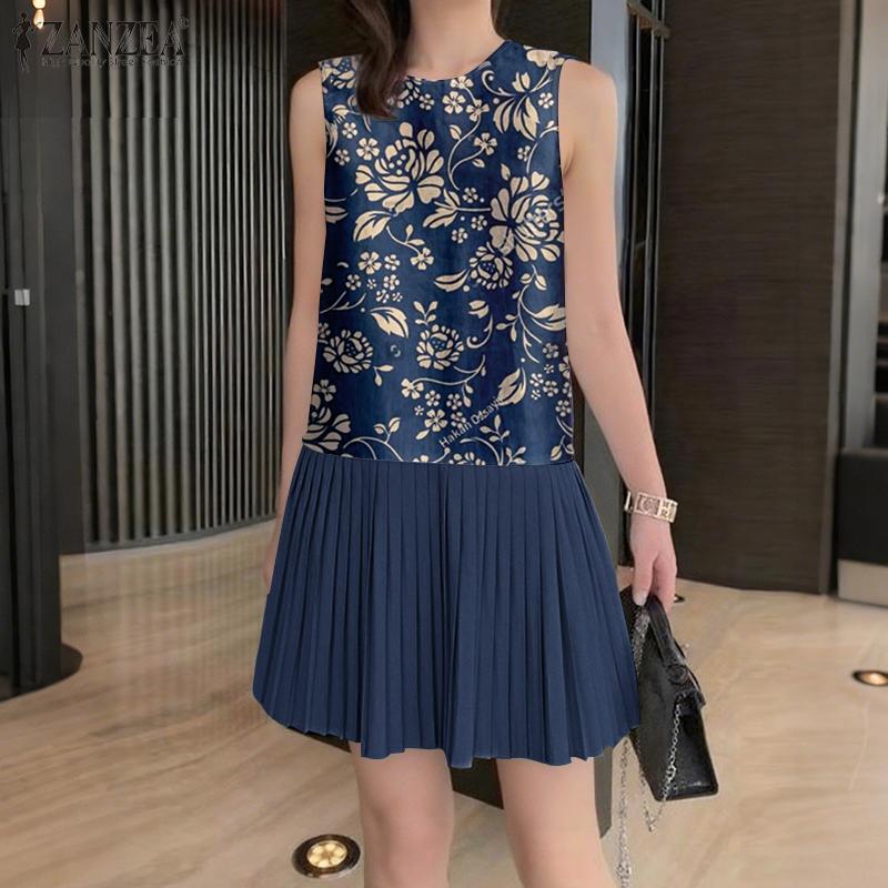 ZANZEA Women Casual Round Neck Print Patchwork Summer Sleeveless Dress