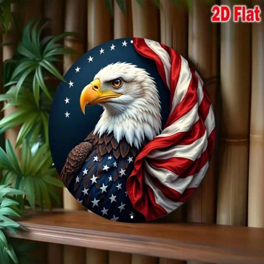 Vintage Patriotic Eagle Round Metal Tin Sign American Flag Wall Art Home Decor